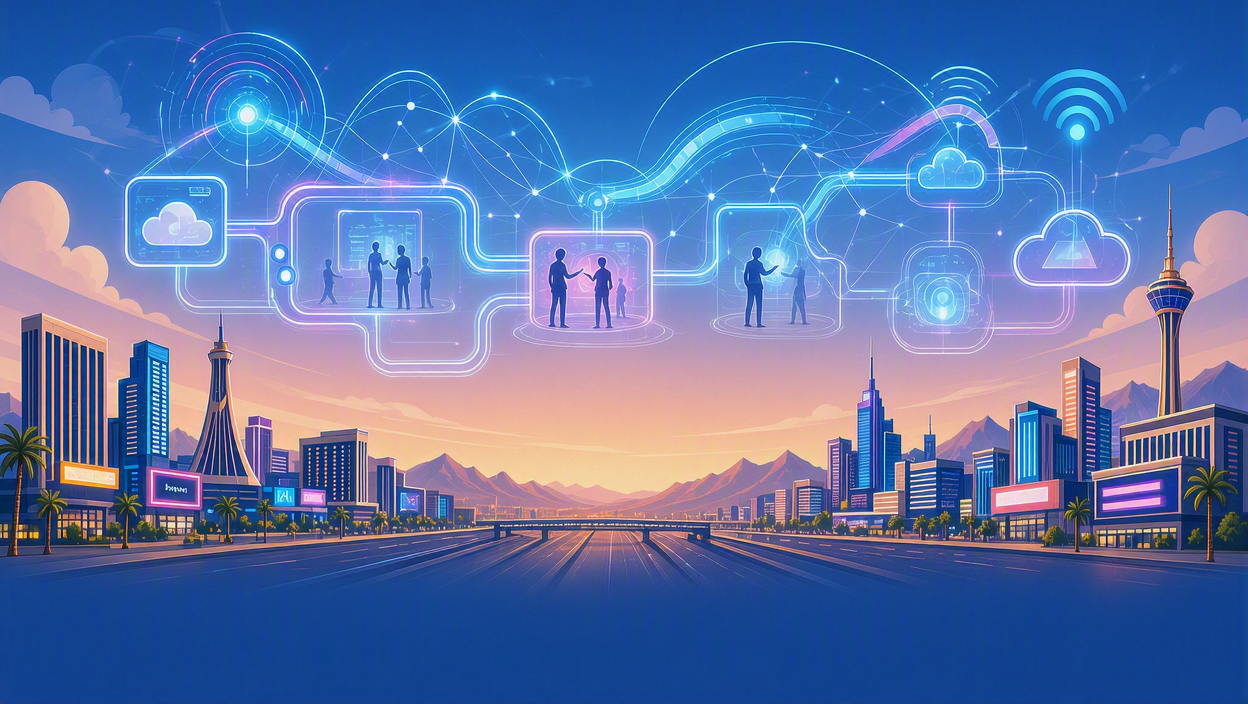Illustration of cloud-connected Microsoft Teams Rooms, Android collaboration devices, and video conferencing technology connected through a secure digital ecosystem.