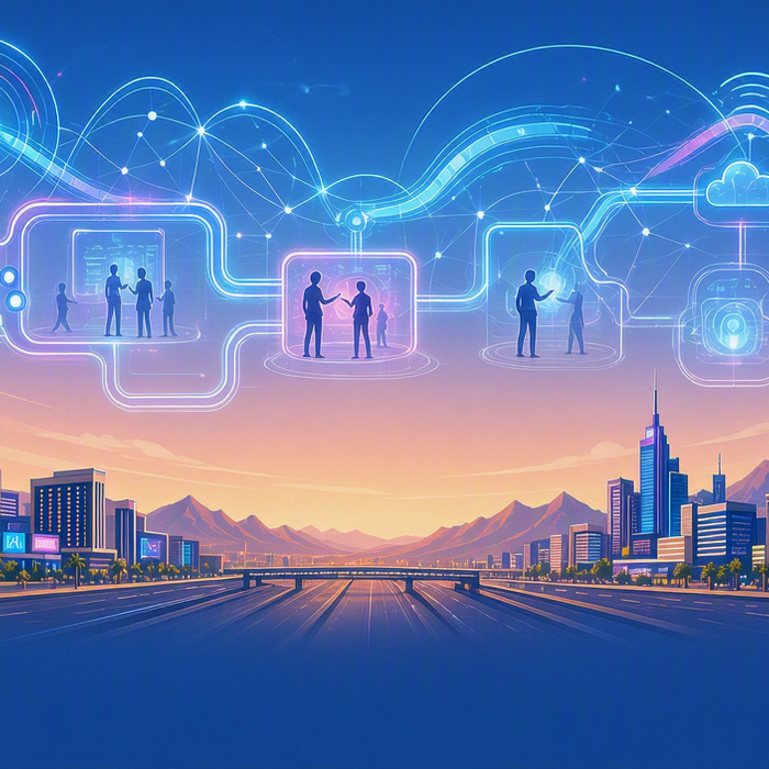 Illustration of cloud-connected Microsoft Teams Rooms, Android collaboration devices, and video conferencing technology connected through a secure digital ecosystem.