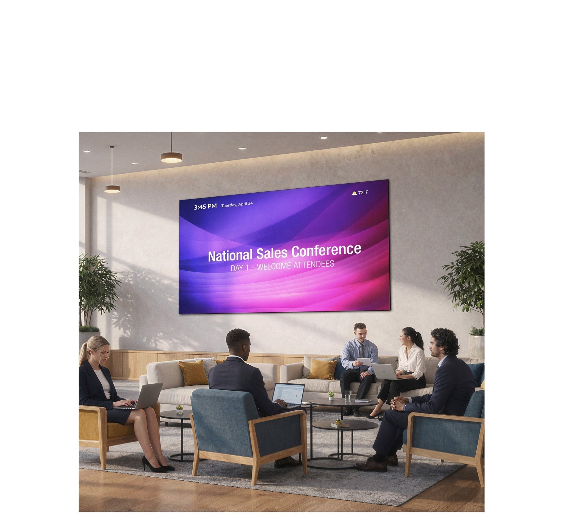 Large Epson DV-LED video wall in a reception area with National Sales Conference messaging displayed on screen