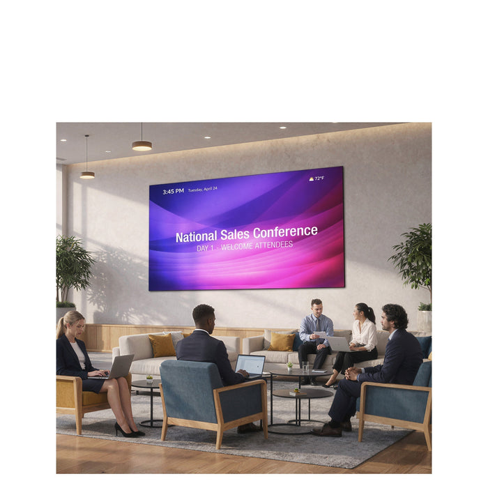 Large Epson DV-LED video wall in a reception area with National Sales Conference messaging displayed on screen