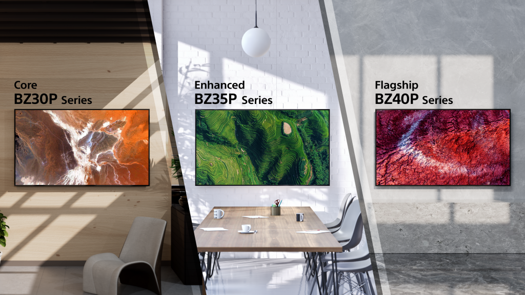Sony BRAVIA BZ-P Series lineup including BZ30P, BZ35P, and BZ40P professional displays in multiple sizes