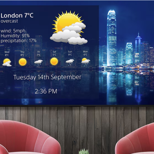 The Sony BZ40L display prominently featured in an office lobby, showcasing vibrant visuals and modern design, welcoming visitors with a weather information.