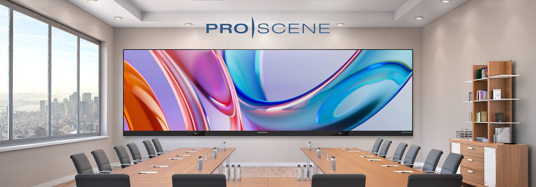 Optoma's ProScene Ultra-Wide All-in-One dvLED display in conference room 