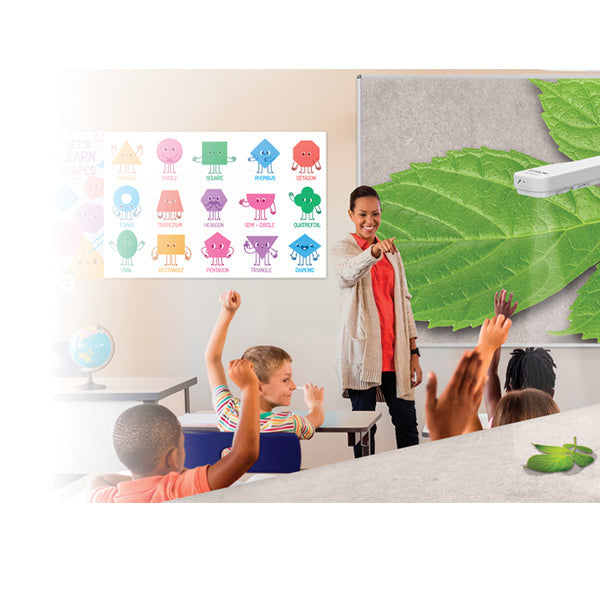 A teacher using an Epson DC-13 document camera in a classroom, demonstrating a leaf specimen under a microscope to engaged students.