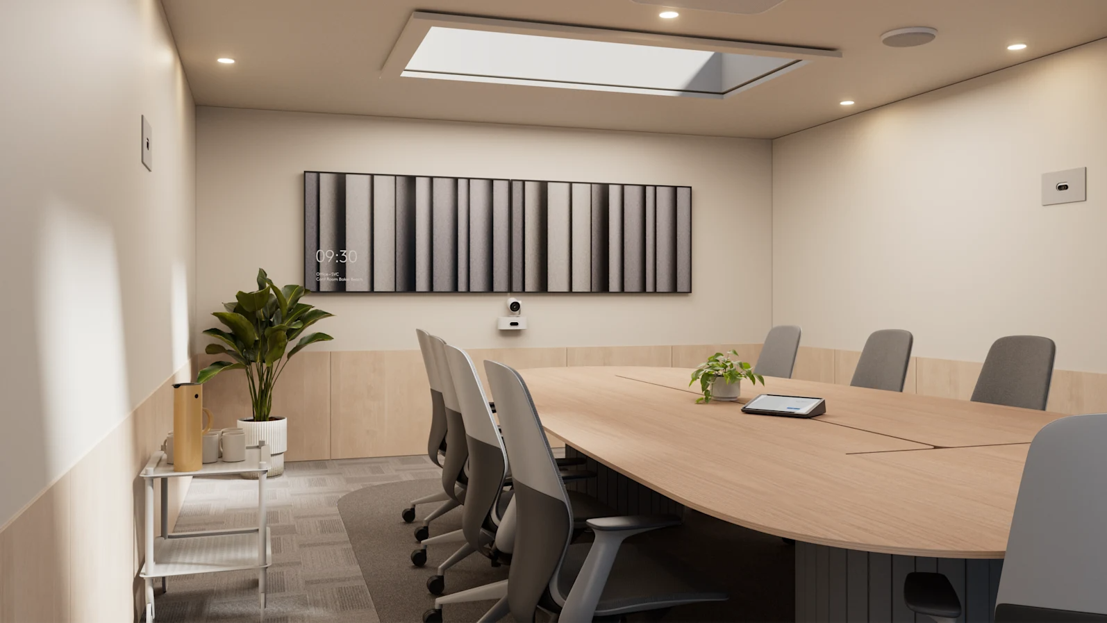Board conference room equipped with Logitech Rally AI video conferencing camera