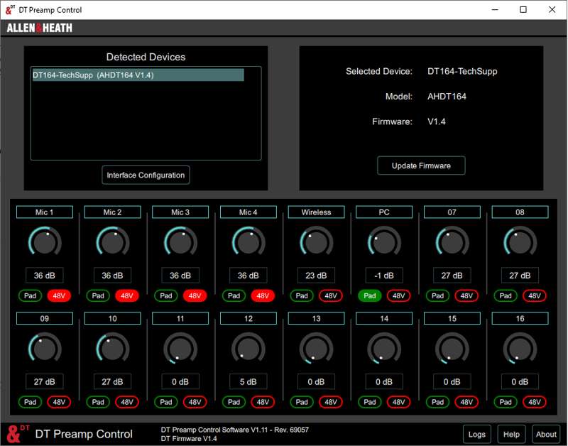 Allen & Heath DT168 16in / 8out Dante Interface