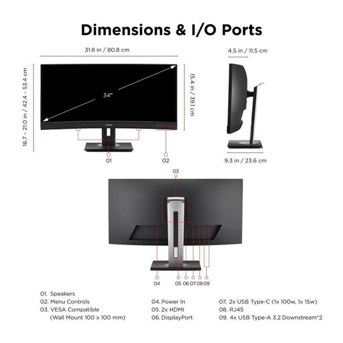 Viewsonic 34" UWQHD Curved USB-C Docking Monitor with 100W Power Delivery & RJ45 Ethernet
