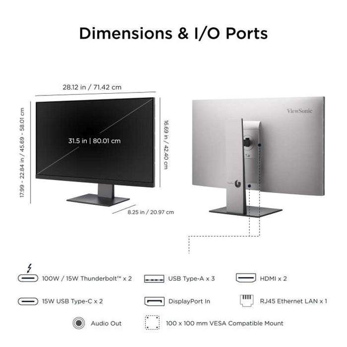 Viewsonic 32" ColorPro 4K UHD Thunderbolt 4 Professional Monitor with HDR400 & RJ45
