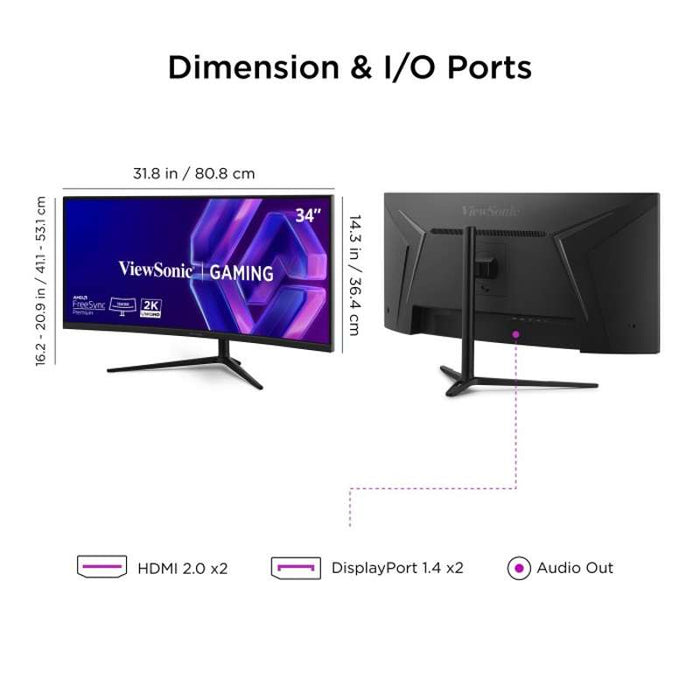 Viewsonic 34" Ultrawide Curved Gaming Monitor with 180Hz Refresh Rate & FreeSync Premium