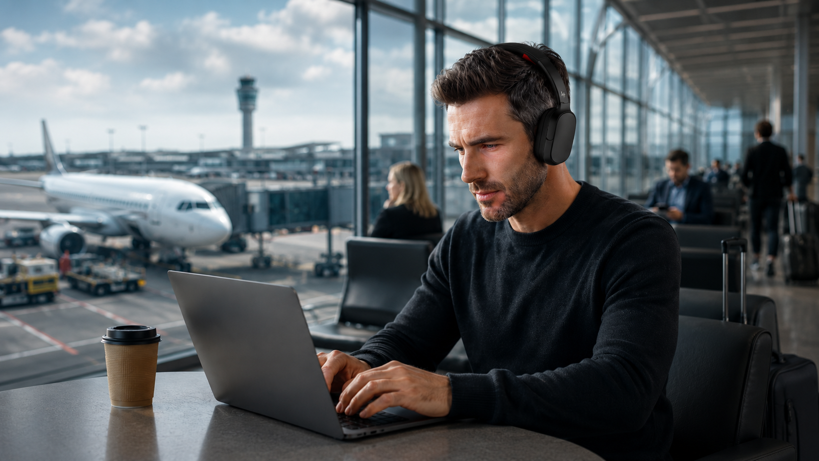 Hybrid professional wearing a wireless headset in a premium workspace