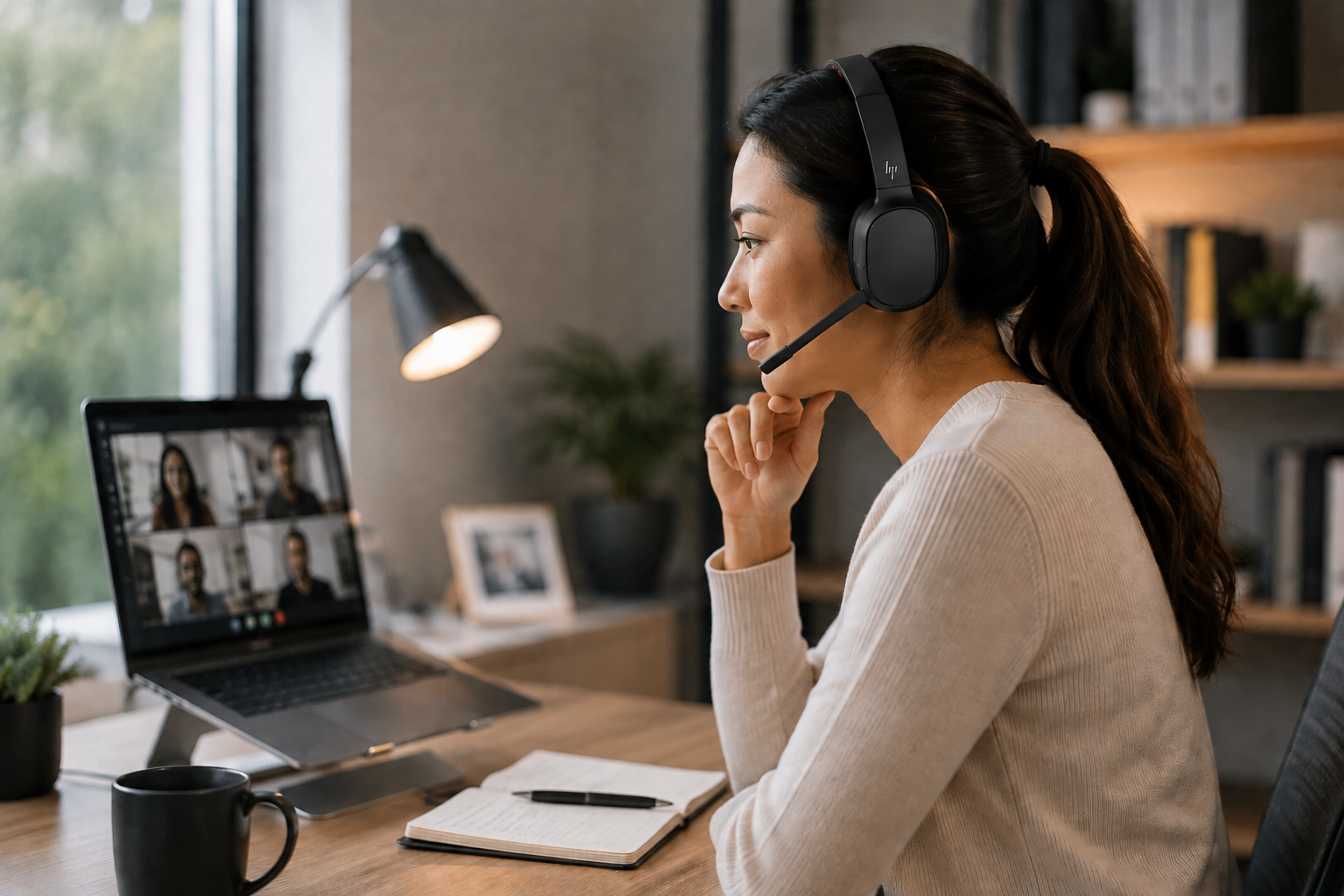 Modern professional using a wireless headset in a hybrid work environment
