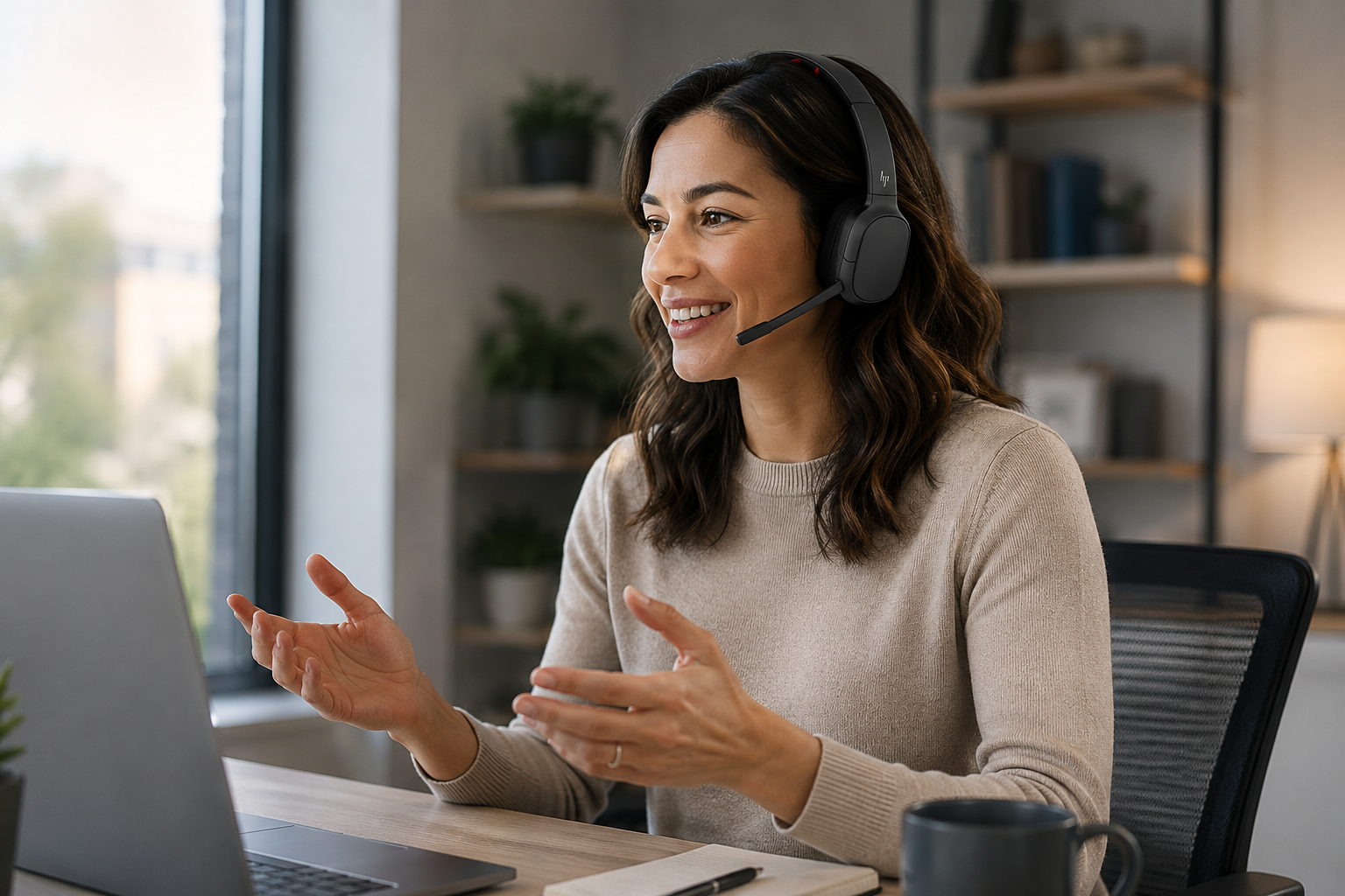 Professional wearing an HP Poly Focus 6 wireless headset in a hybrid workspace