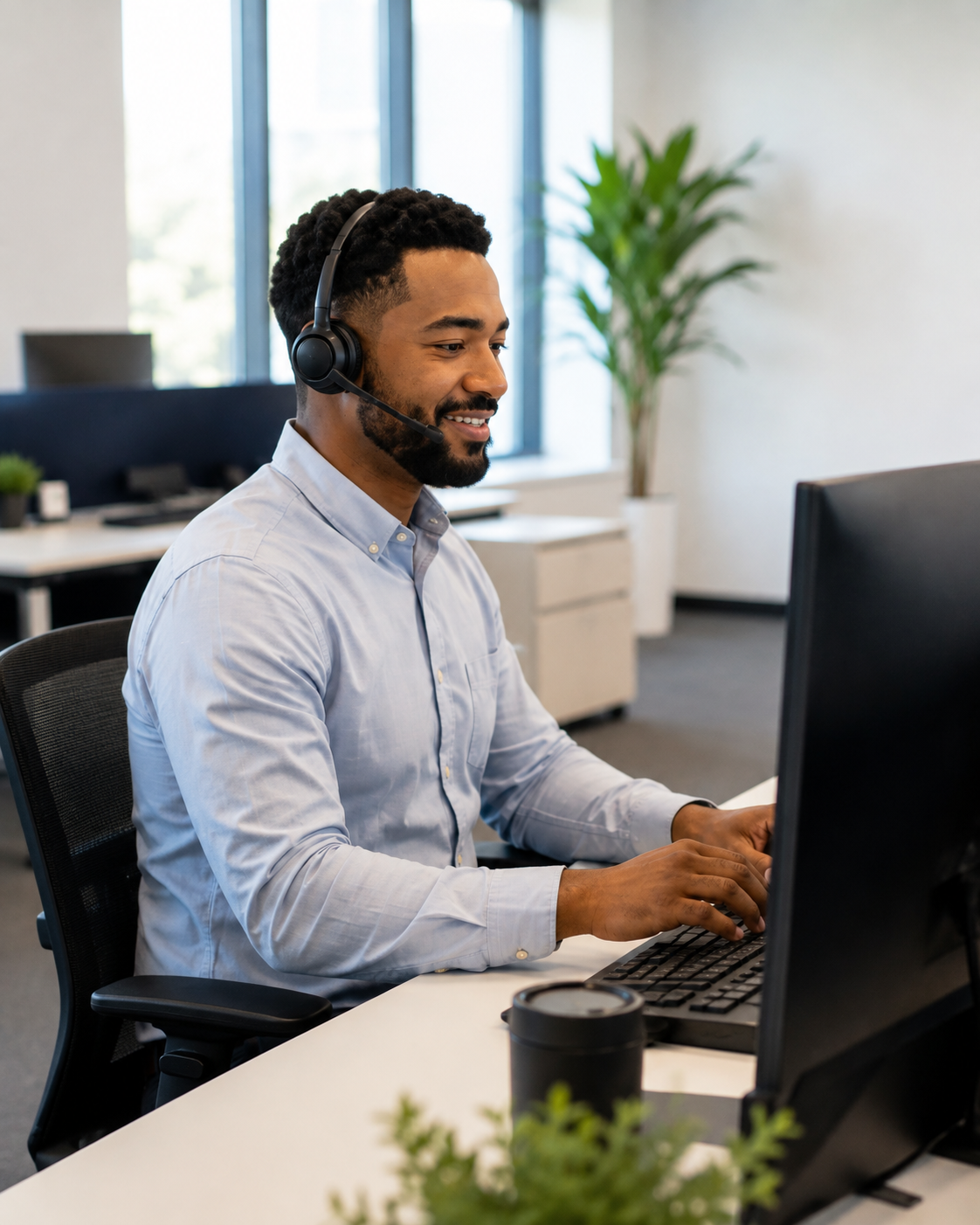 Employees using headsets in a call-focused work environment
